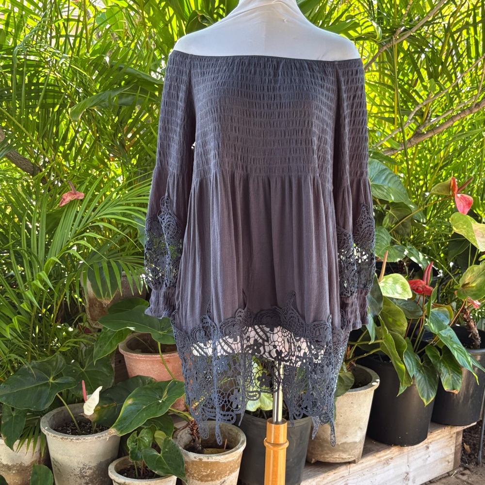 Indigo Thread Co. Elegant Off-Shoulder Lace Tunic in Charcoal slate